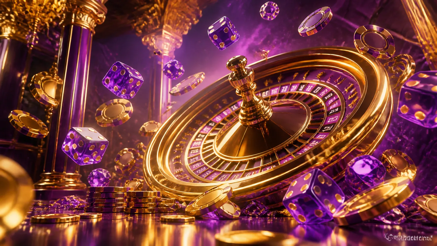 A luxurious casino-themed hero banner featuring floating poker chips and glowing dice, designed with a glossy isometric rende