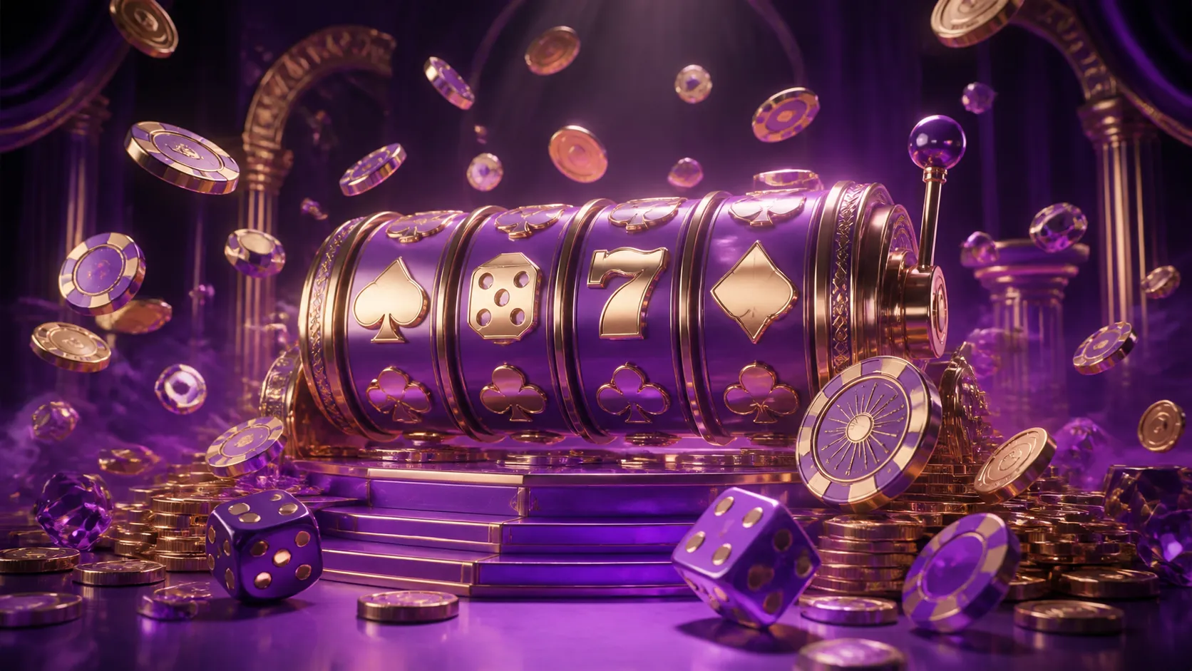 Futuristic casino-themed hero banner with holographic style, featuring translucent glowing poker chips and slot machine reels